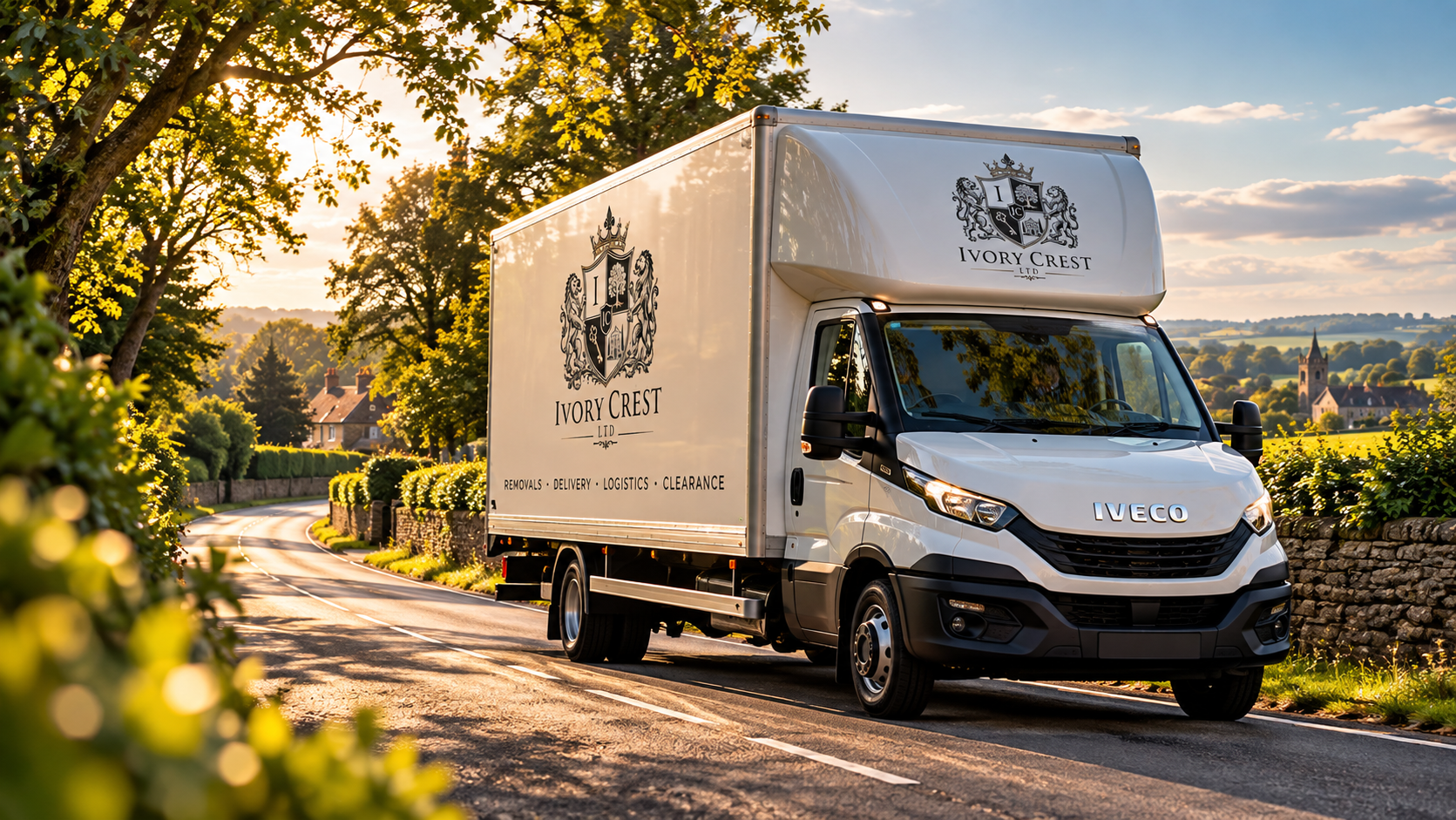 Ivory Crest branded white Iveco Luton truck driving along a country lane in golden evening light