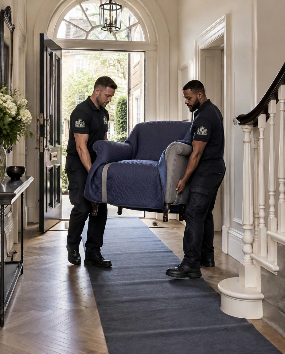 Two Ivory Crest removal operatives carefully carrying a blanket-wrapped armchair through a London townhouse hallway